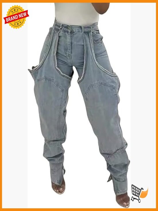 Denim - Baggy High Rise Wide Leg Jeans with Pockets Streetwear Y2K Stretchy